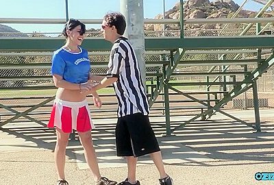 Lucky Referee Feeds A Gorgeous Brunette Cheerleader His Hot Cum