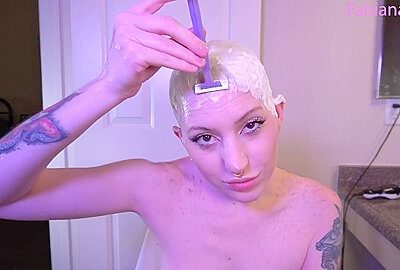 Tattooed Bald Slut Razor Shaves Head And