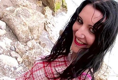 Getting Wet At The Beach Makes The Tatted Brunette Desperate